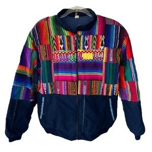 Vintage Serape Patchwork Quilted Bomber Jacket Ethnic Guatemalan Large Colorful